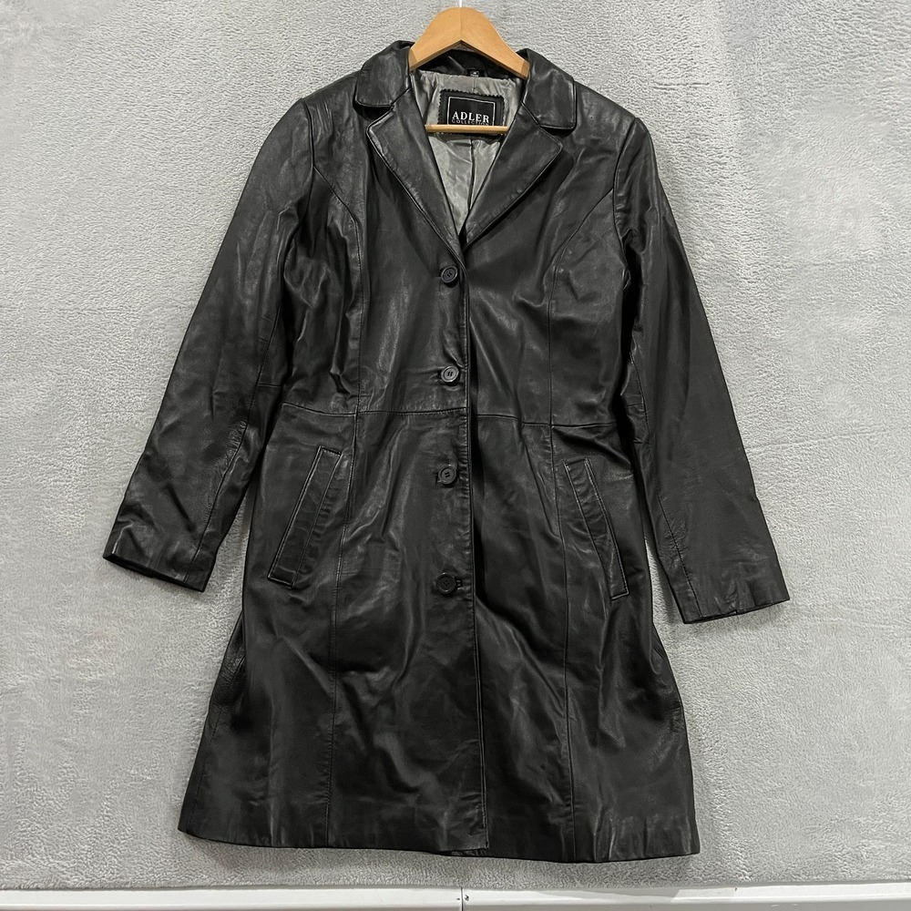 Adler Trench Coat Womens Medium Black Leather Lined Notch Lapel Single‎ Breasted